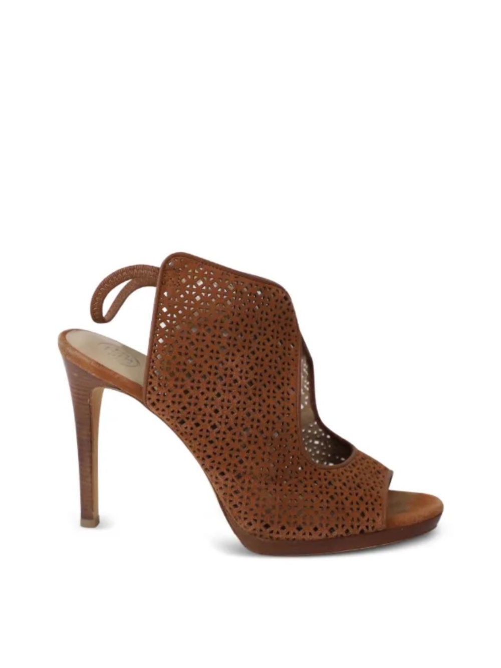 Tory Burch Brown Laser-Cut Leather Peep-Toe Slingback Heels